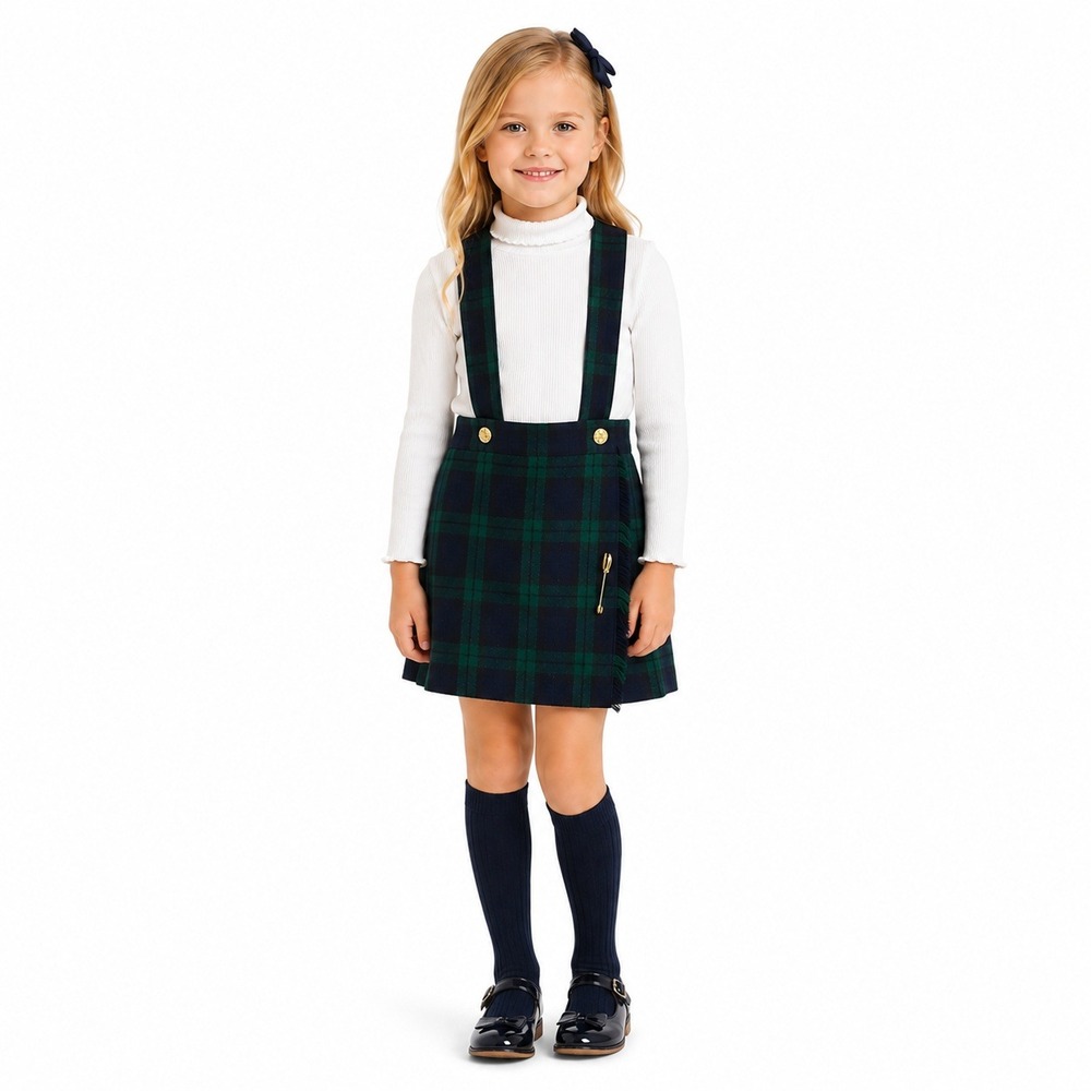 Imp Originals Jumper Kids T3 Green Black Watch Plaid Pinafore Kilt Skirt Vintage